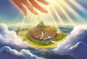 Divine hand reaching over miniature island village, god game concept