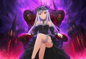 Dark queen sitting on gothic throne, villainess protagonist