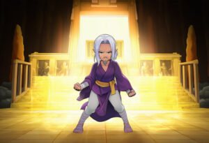 Aging warrior in martial arts stance, reverse progression concept