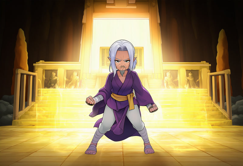 Aging warrior in martial arts stance, reverse progression concept